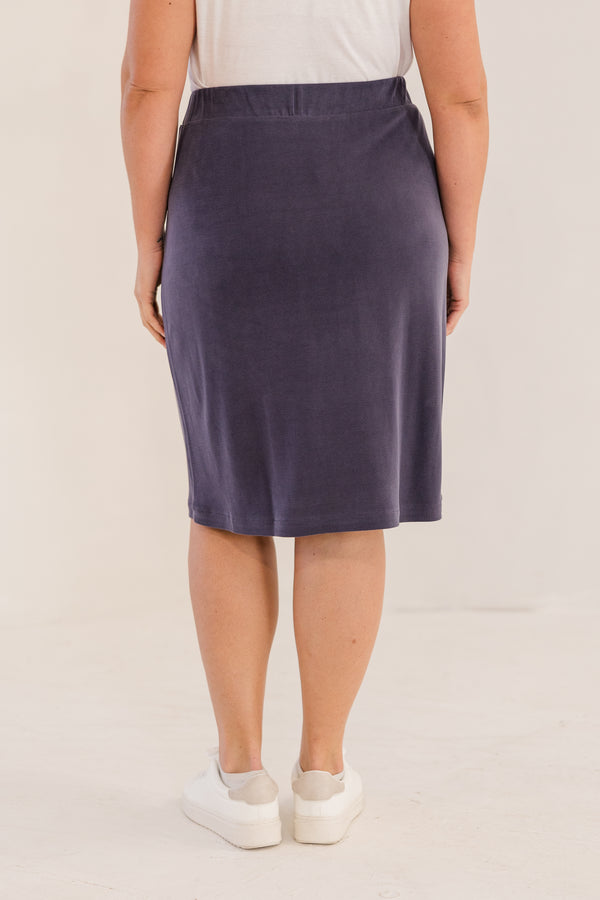 Chic Soul plus size clothing, bink navy knee length a-line skirt with elastic waistband and side pockets