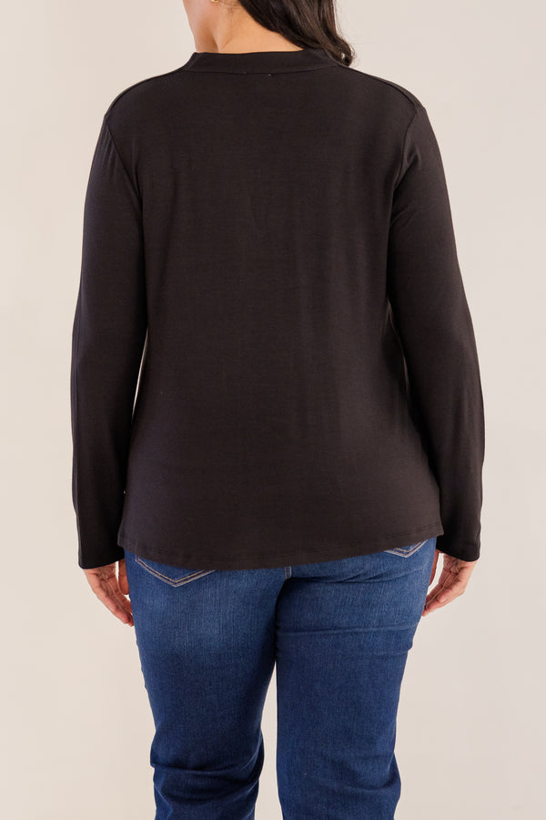 Chic Soul plus size clothing, black long sleeve flowy top with v neckline and pleated detail in front