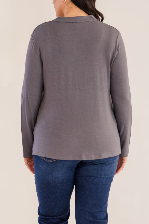Chic Soul plus size clothing, castle rock grey long sleeve flowy top with v neckline and pleated detail in front