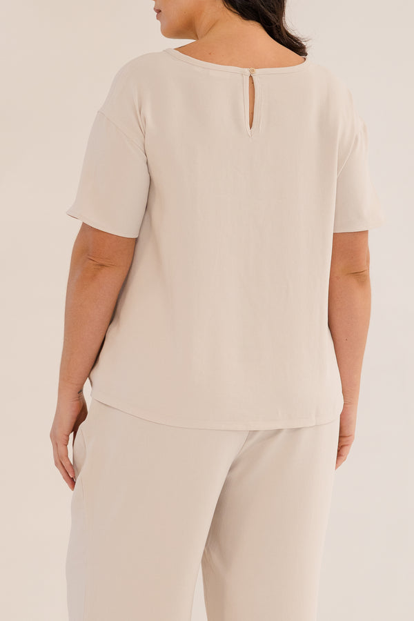 Chic Soul plus size clothing, stone short sleeve front tie top with cinched detail on bottom with tie detail