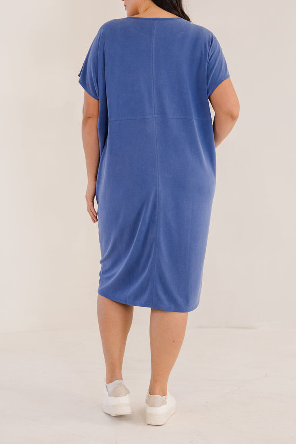 Chic Soul plus size clothing, soft stretchy ombre blue short sleeve knee length dress with round neckline
