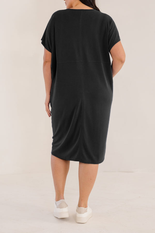 Chic Soul plus size clothing, soft stretchy black short sleeve knee length dress with round neckline