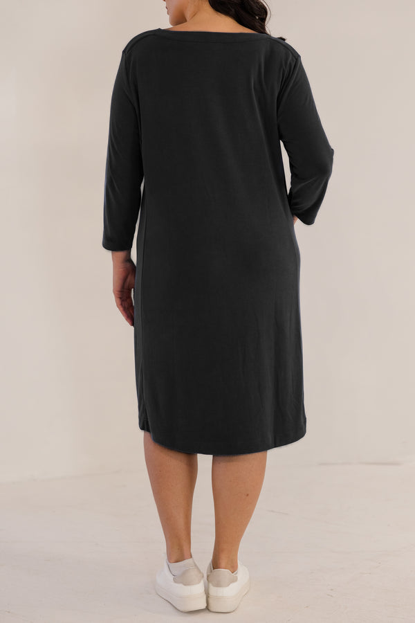Chic Soul plus size clothing, black solid long sleeve knee length dress with boatneck line with pockets