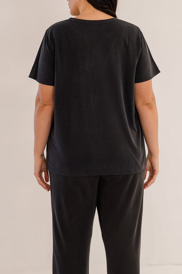 Chic Soul plus size clothing, black short sleeve flowy top with pleated detail with round neckline