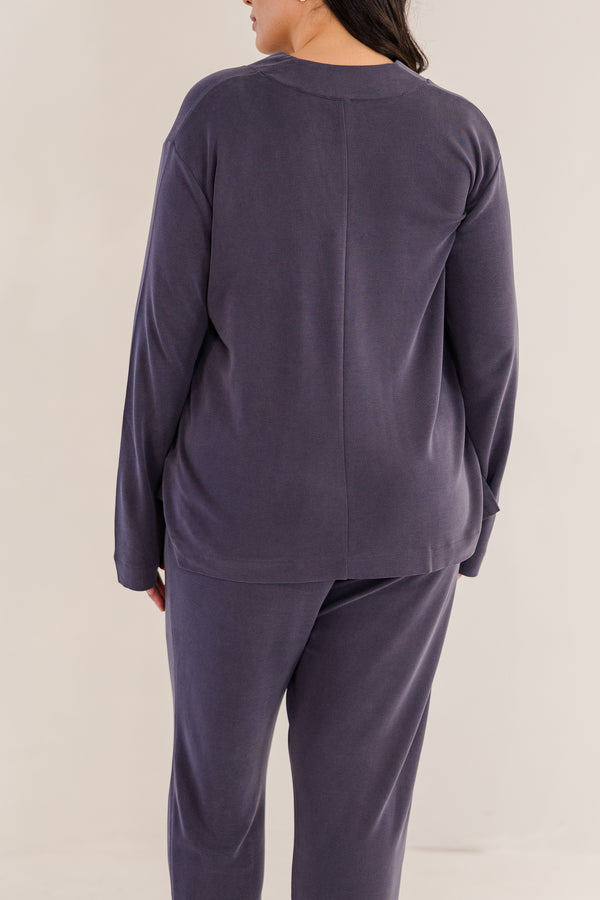 Chic Soul plus size clothing, ink navy v neck a-line long sleeve flowy top