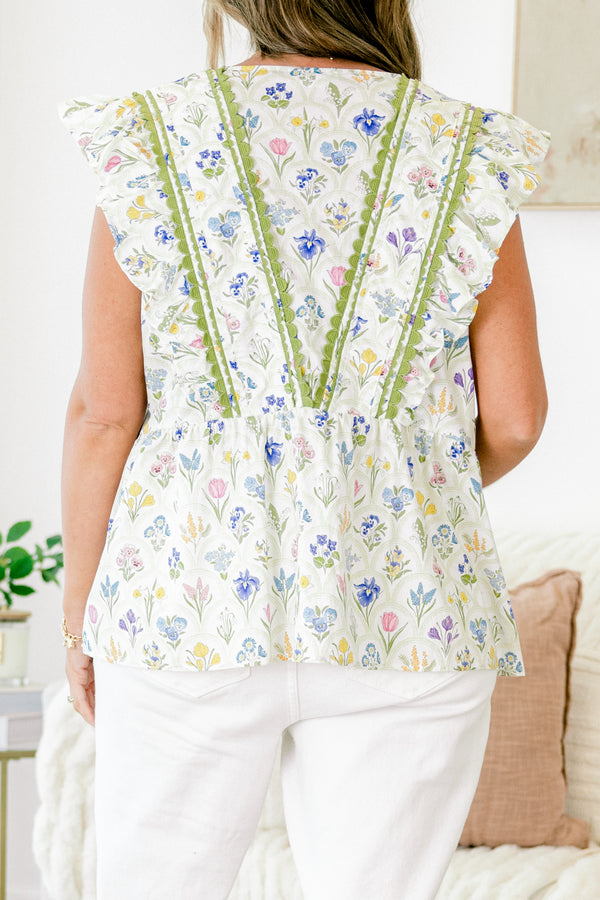 Chic Soul plus size clothing, ivory short-flutter sleeve blouse with colorful floral pattern and moss green trim