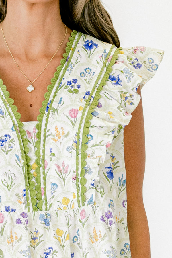 Chic Soul plus size clothing, ivory short-flutter sleeve blouse with colorful floral pattern and moss green trim