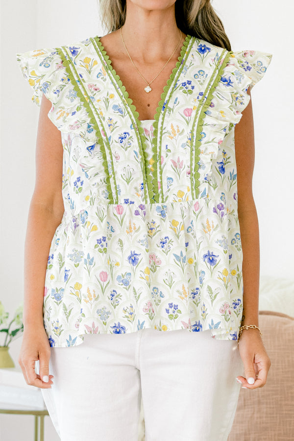 Chic Soul plus size clothing, ivory short-flutter sleeve blouse with colorful floral pattern and moss green trim