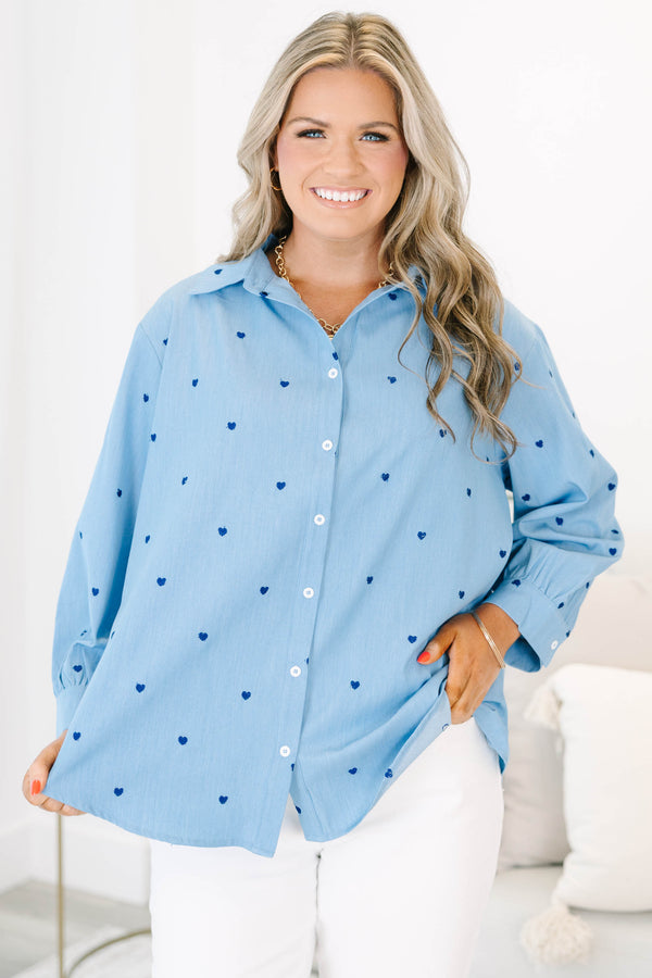 Plus Size light wash denim button-down shirt with dark blue heart embroidery and long sleeves.