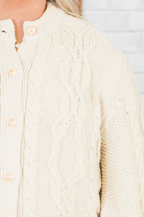 Chic Soul plus size clothing, long-sleeve taupe cream chunky cable-knit cardigan with light tortoise button detailing