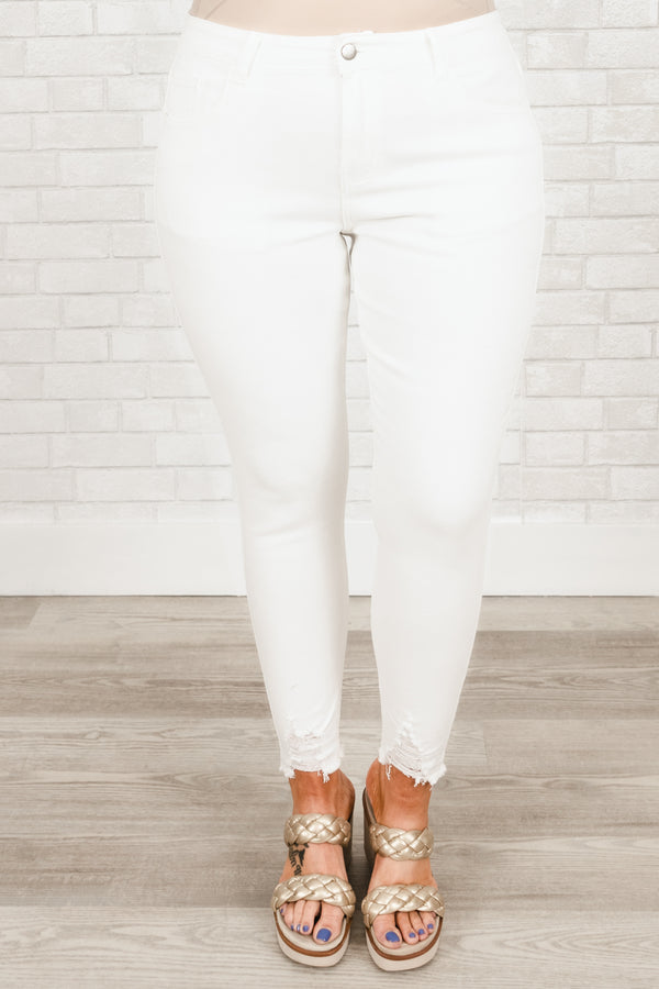 Chic Soul plus size clothing, white jeans with distressed and frayed hemline