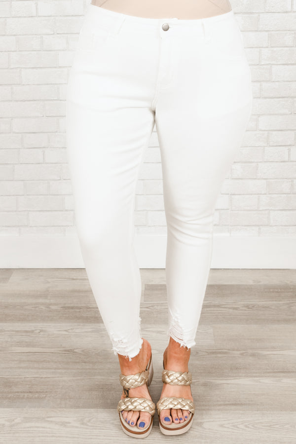 Chic Soul plus size clothing, white jeans with distressed and frayed hemline