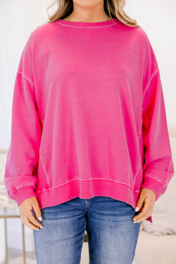 Chic Soul plus size clothing, hot pink long sleeve pullover with side slits