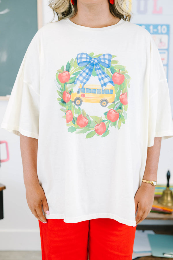 Plus Size ivory oversized boyfriend tee with a back-to-school wreath and bus graphic.