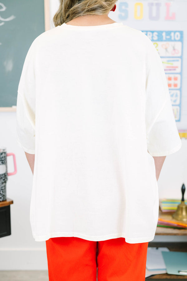 Plus Size ivory oversized boyfriend tee with a back-to-school wreath and bus graphic.