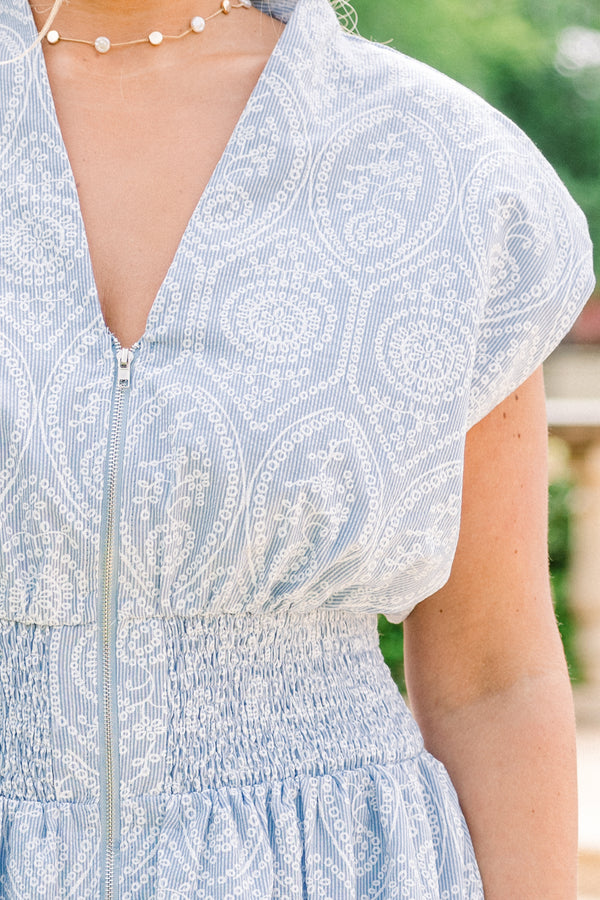 Chic Soul plus size clothing, white embroidered light sky blue midi dress with ruched waist and zipper down the front