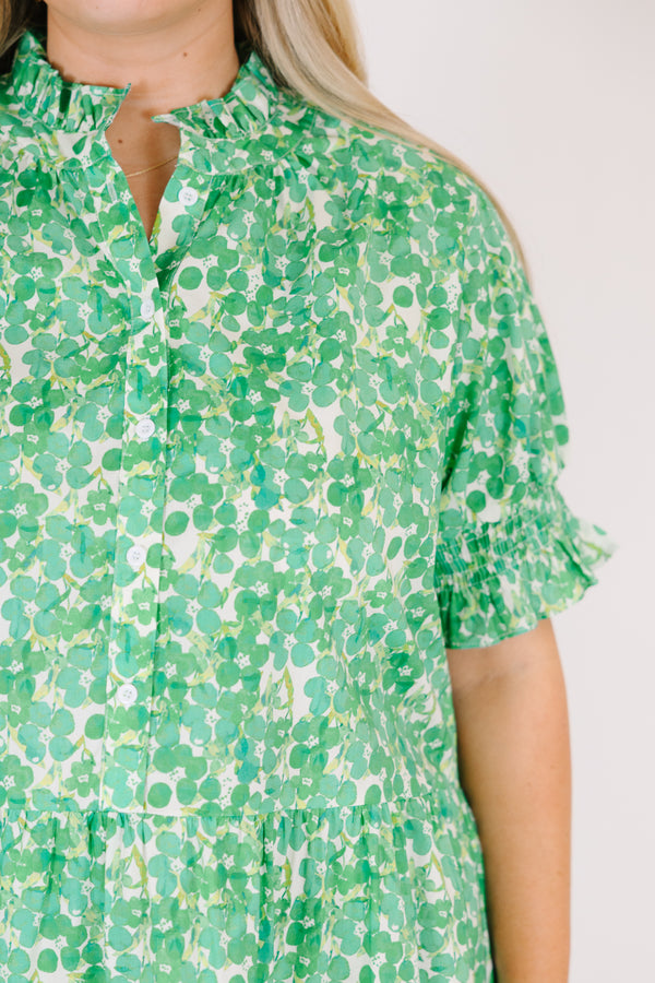 Chic Soul plus size clothing, puffed short sleeve green ruffled baby doll dress with smocked v-neckline and floral green and yellow pattern 