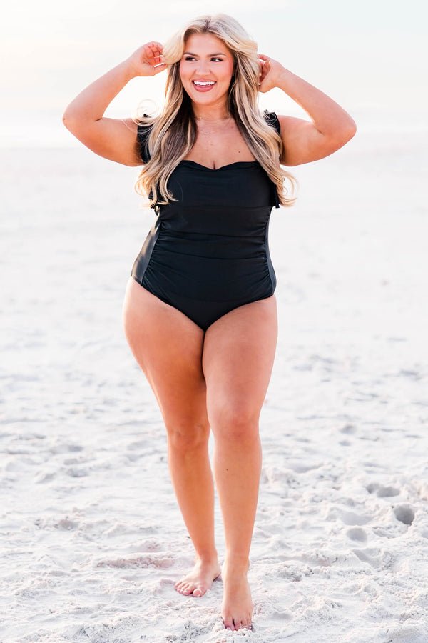 Chic Soul plus size clothing, black one piece swimsuit with ruffle detail on straps