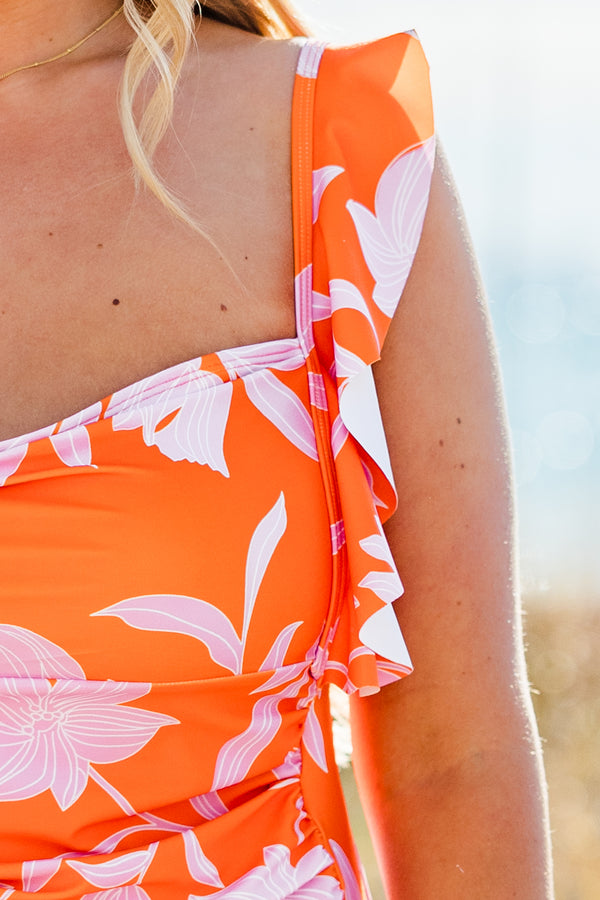 Chic Soul plus size clothing, orange/pink floral flutter-sleeve swimsuit with a sweetheart neckline and a orange and pink floral pattern