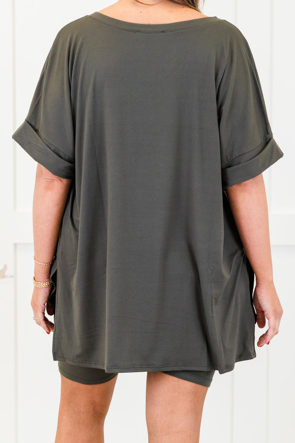 Chic Soul plus size clothing, ash grey lounge wear short sleeves top and biker shorts set