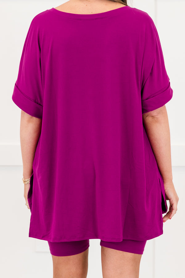 Chic Soul plus size clothing, light plum stretchy shirt and short set
