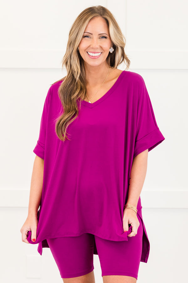 Chic Soul plus size clothing, light plum stretchy shirt and short set