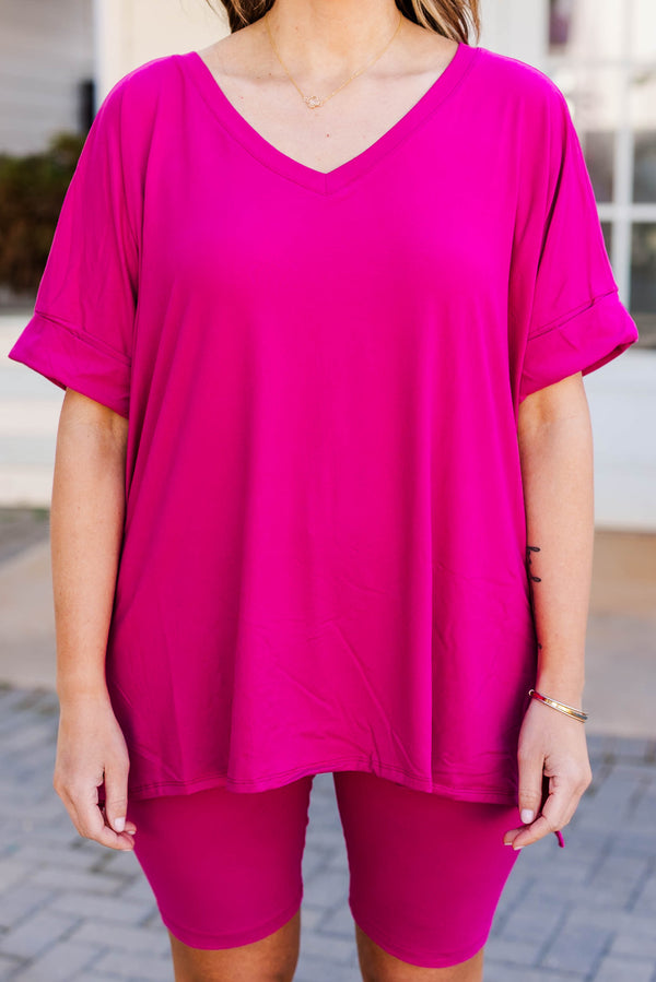 Chic Soul plus size clothing, magenta matching set of v-neckline top and biker shorts