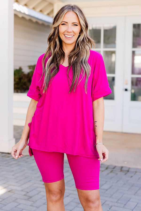 Chic Soul plus size clothing, magenta matching set of v-neckline top and biker shorts
