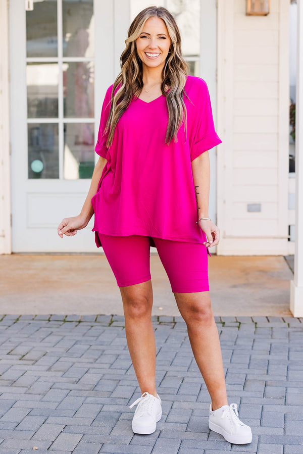 Chic Soul plus size clothing, magenta matching set of v-neckline top and biker shorts
