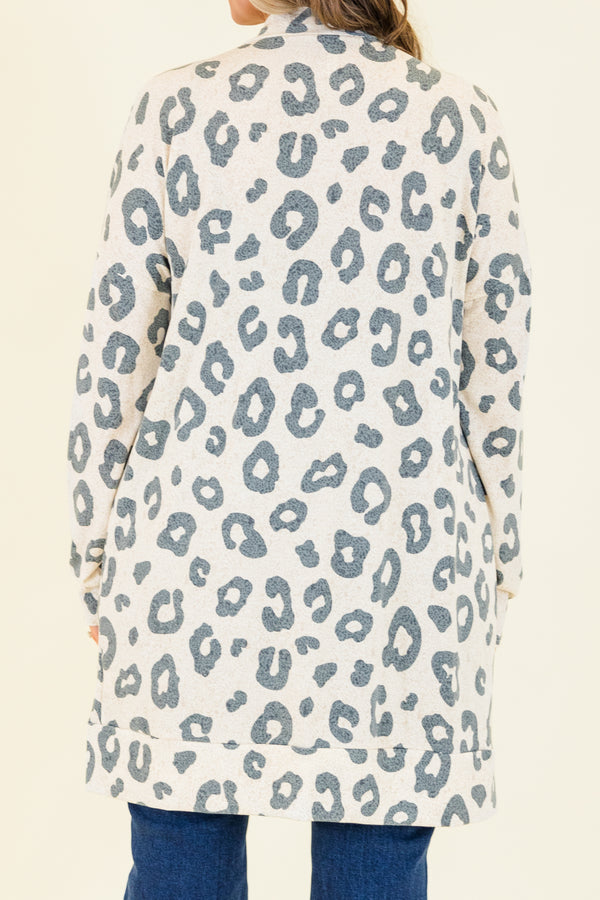 Chic Soul plus size clothing, taupe knee length cardigan with grey leopard print design