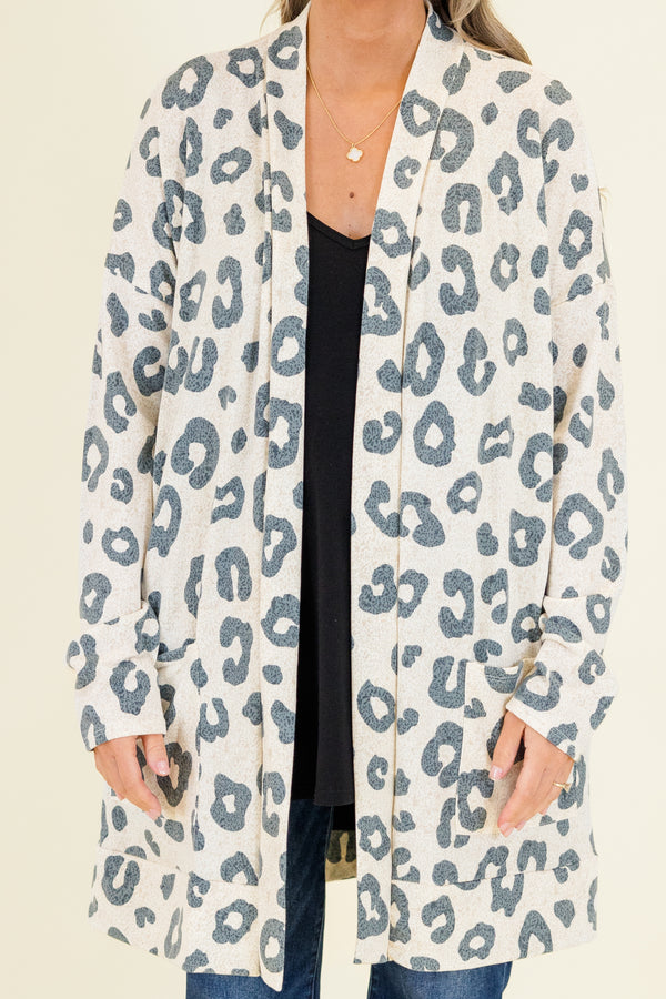 Chic Soul plus size clothing, taupe knee length cardigan with grey leopard print design