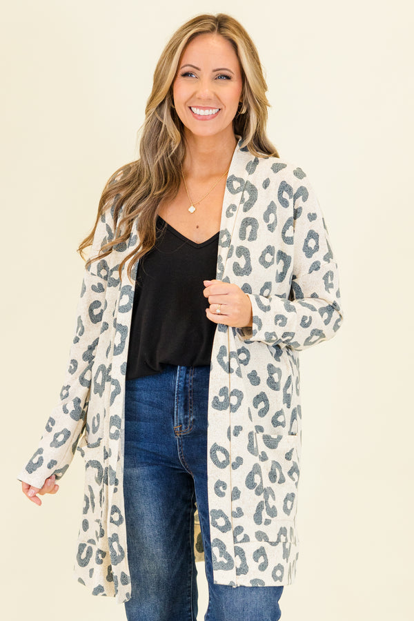 Chic Soul plus size clothing, taupe knee length cardigan with grey leopard print design