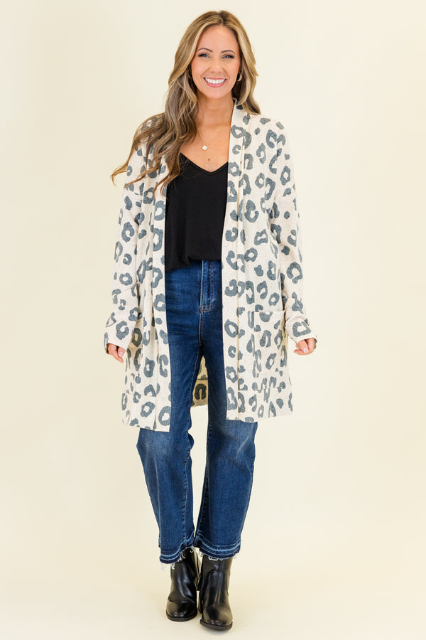 Chic Soul plus size clothing, taupe knee length cardigan with grey leopard print design