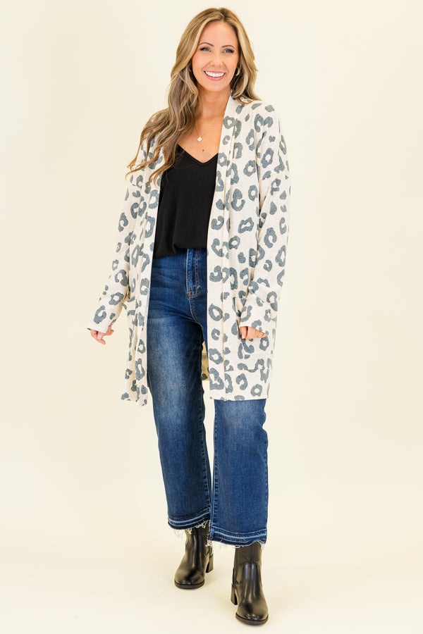 Chic Soul plus size clothing, taupe knee length cardigan with grey leopard print design