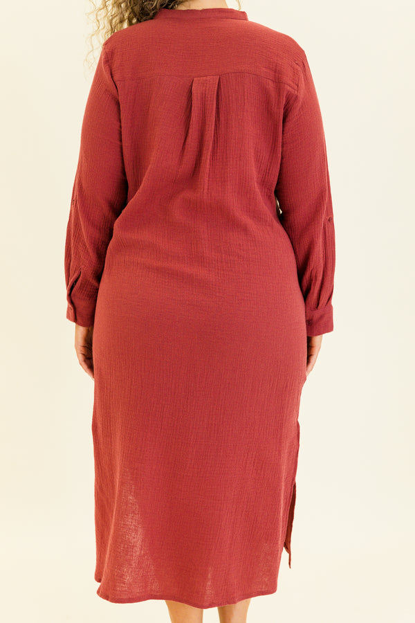 Chic Soul plus size clothing, burgundy gauzy material long sleeve maxi dress with button up collar detail with chest pocket and slits on each side