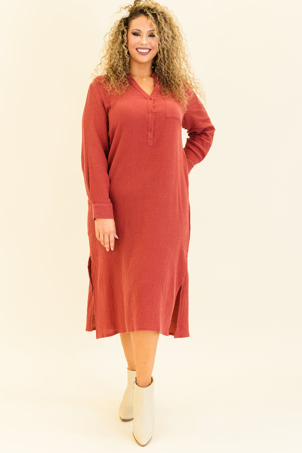 Chic Soul plus size clothing, burgundy gauzy material long sleeve maxi dress with button up collar detail with chest pocket and slits on each side