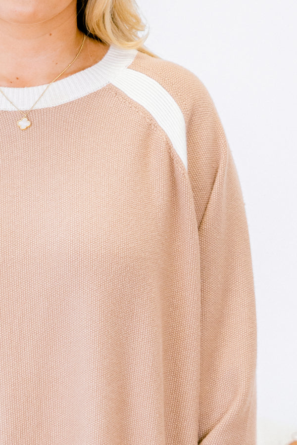 Chic Soul Plus size clothing, taupe long sleeve sweater with white cuffs at the end of the sleeves and white details along the neckline and shoulders