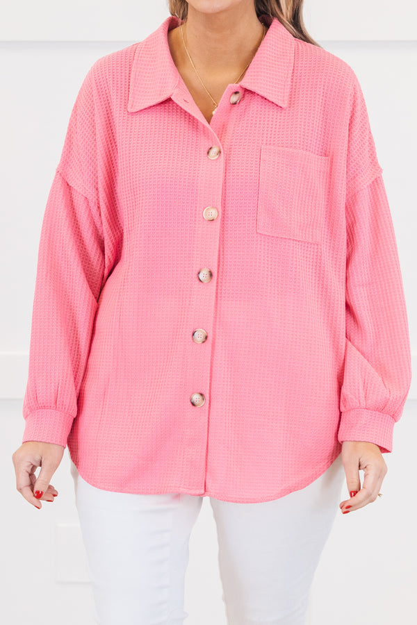 Chic Soul plus size clothing, long-sleeve pink waffle knit collared top with tortoise button detailing down the front and a pocket on the bodice 