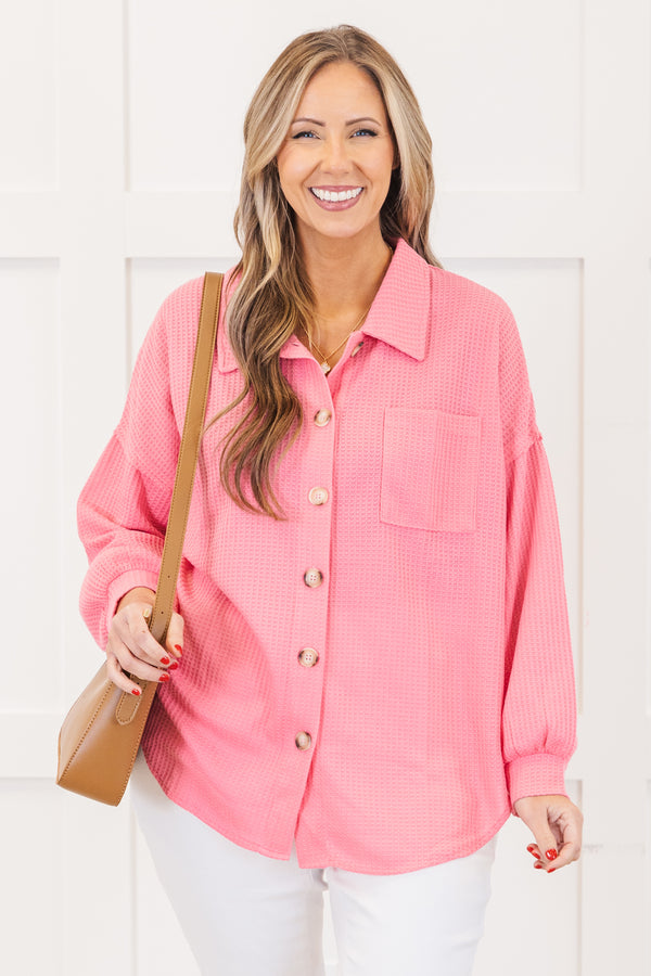 Chic Soul plus size clothing, long-sleeve pink waffle knit collared top with tortoise button detailing down the front and a pocket on the bodice 