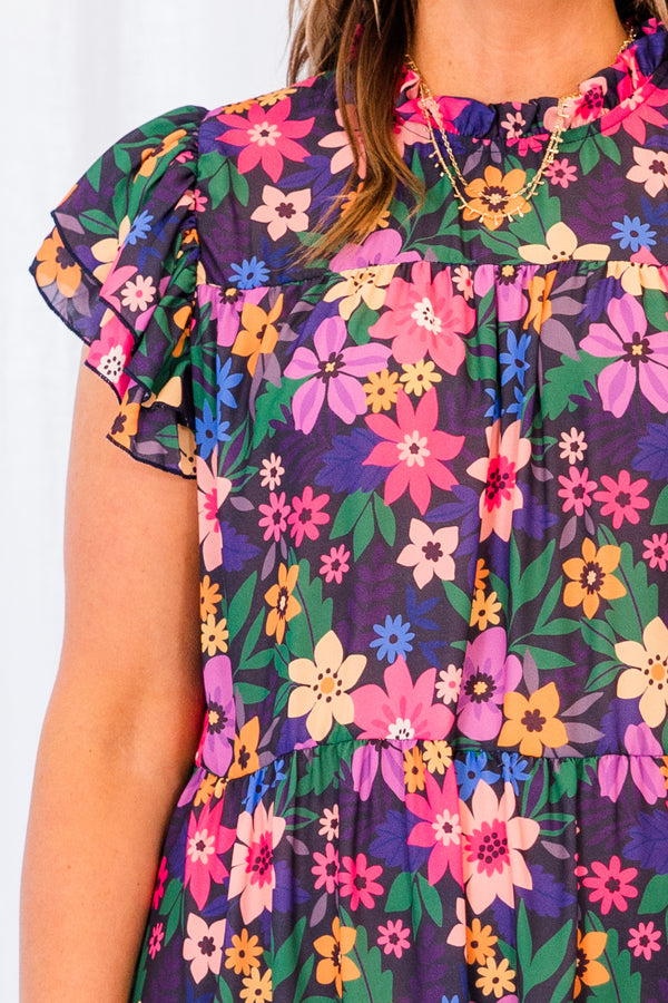Chic Soul plus size clothing, navy short sleeve dress with multi colored floral pattern and flutter sleeves