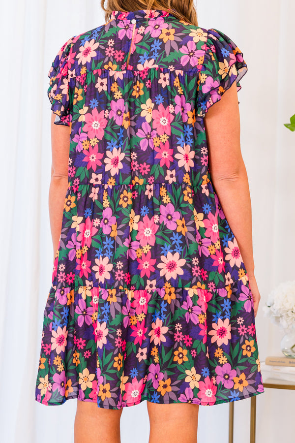 Chic Soul plus size clothing, navy short sleeve dress with multi colored floral pattern and flutter sleeves