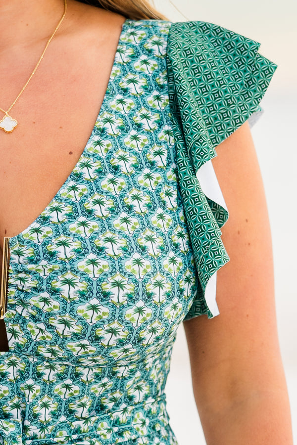 Plus Size one-piece swimsuit with green palm leaf print, flutter sleeves, and gold bust hardware.
