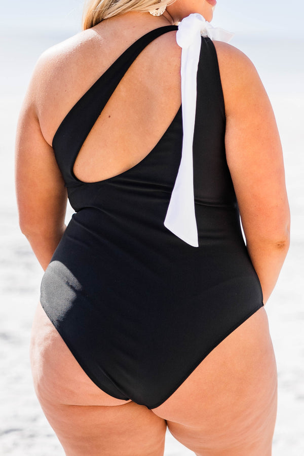 Chic Soul plus size clothing, black one shoulder one piece swimsuit with white bow tie at the top of the strap