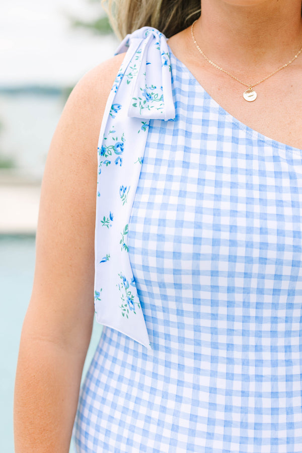 Plus Size blue gingham one-shoulder swimsuit with a floral tie-shoulder detail.