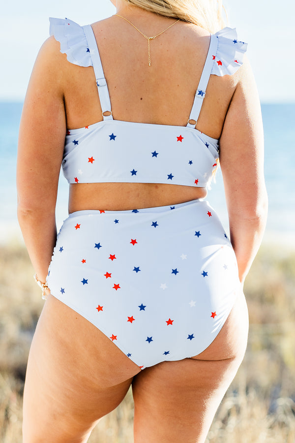 Chic Soul plus size clothing, light blue swimsuit flutter strap top with blue and red star pattern