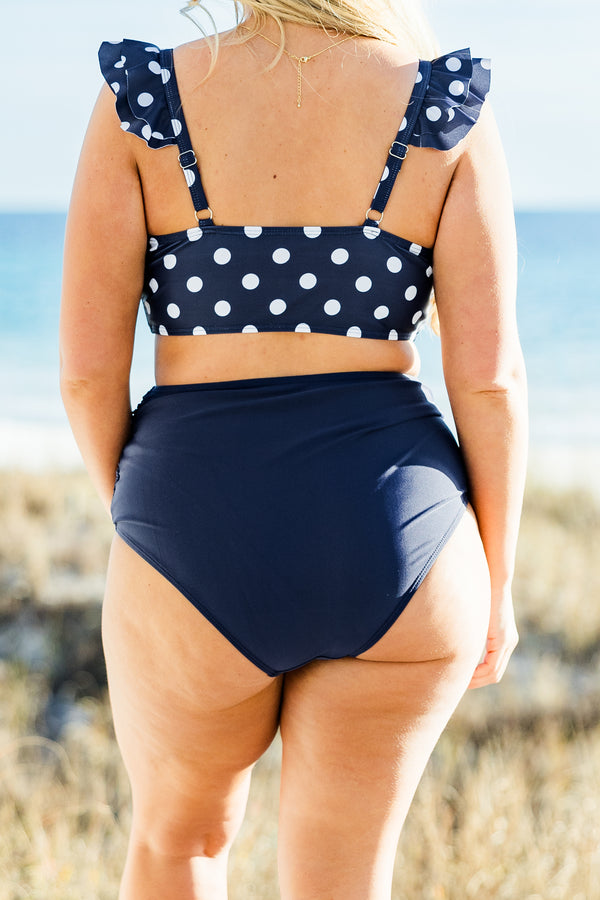 Chic Soul plus size clothing, Navy high waisted swim bottoms with cinched detail on sides
