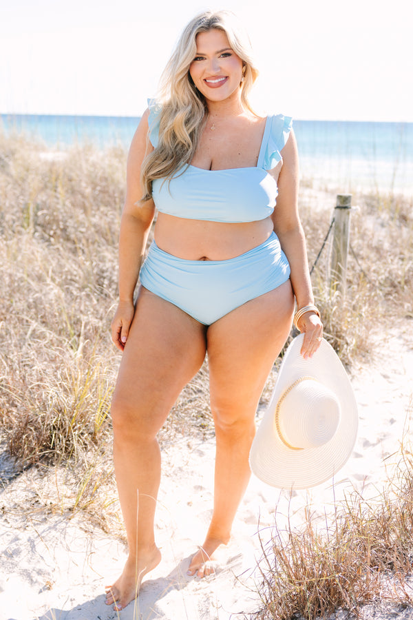 Chic Soul plus size clothing, aqua straight across bikini top with sleeves that have a ruffle detail on them 