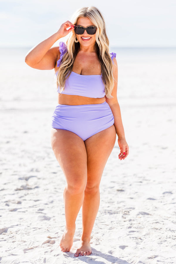 Chic Soul plus size clothing, lavender bikini top with ruffle straps