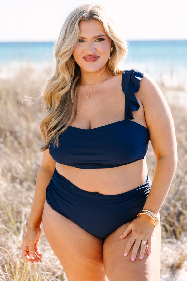 Chic Soul plus size clothing, navy square top ruffle strap swim top