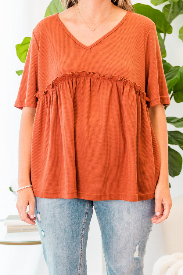 Chic Soul plus size clothing, short-sleeve copper orange baby doll top with ruffled detailing and v-neckline